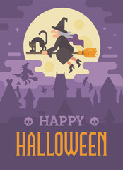 Halloween poster wth old witch flying on a broom with a black cat over the night city. Trick or treat. Happy Haloween greeting card