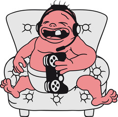 sessel sitz gamer nerd geek zocken konsole play controller headset flamer feeder weinen flennen unglücklich traurig schreien nerven fett dick sitzend klein süß niedlich windel kind baby comic cartoon