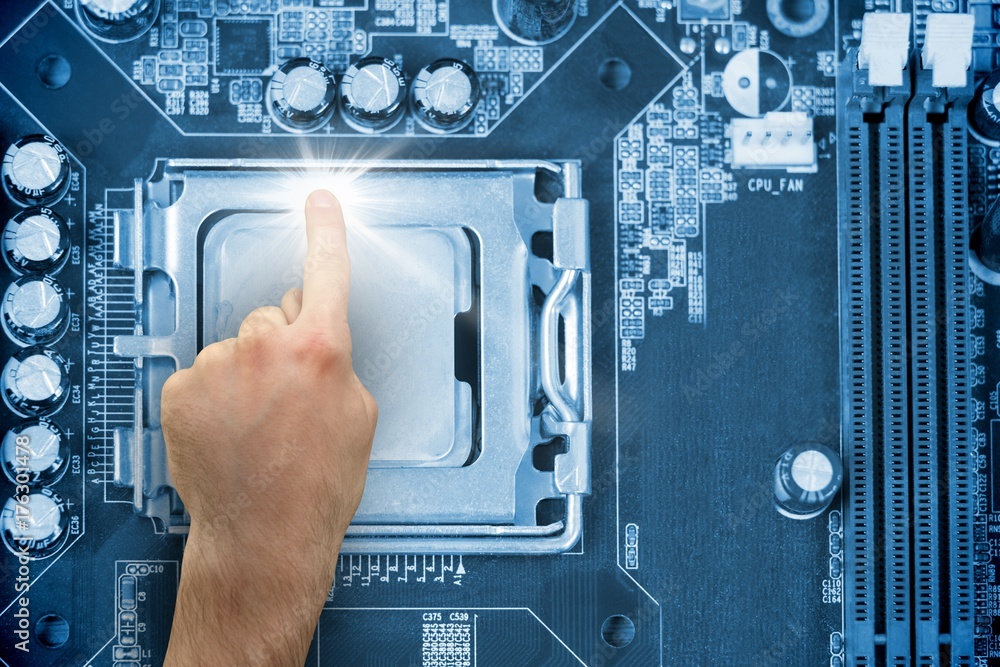 Poster Composite image of hand pointing technological components
