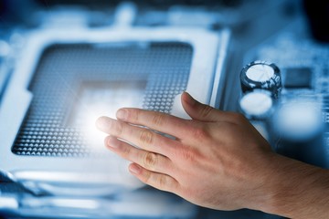 Composite image of hand presenting technology