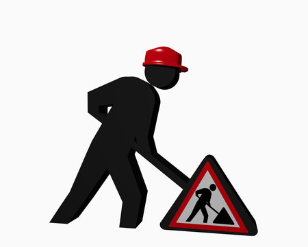 Baustellen-Männchen mit rotem Sicherheitshelm und  Baustellenschild