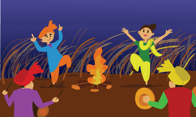Fototapeta premium Happy Lohri. Couple performing Bhangra folk dance of Punjab. Indian cultural festival celebration concept illustration vector.