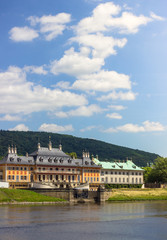 Fototapeta na wymiar River Elbe with baroque Pillnitz palace, near Dresden, Saxony, Germany