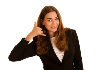 attractive busienss woman gesture call me isolated over white