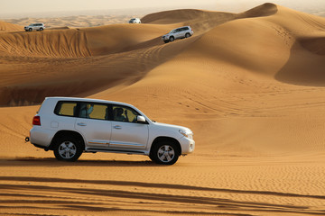 White cars in desert next to Dubai