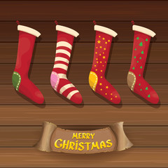 vector cartoon cute christmas stocking or socks with color ornament. Merry Christmas vector greeting card