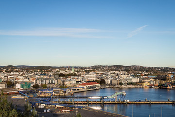The city of Kristiansand, Norway, seen from above at a distance.