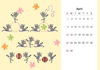 April. Colorful monthly calendar for 2018 with cute raccoon. Lovely page design for kids. Young sportsmen.