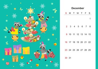 December. Colorful monthly calendar 2018 with cute raccoon. Lovely page design for kids. Winter holidays - Christmas and New Year.