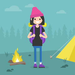 Obraz na płótnie Canvas Young female backpacker traveling in a forest. Camping trip. / flat editable vector illustration, clip art
