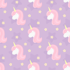 Seamless pattern with cute unicorn and stars. Beautiful unicorn head with pink mane and horn.