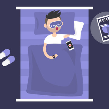 Sleeping tracker. Young character wearing a wearable gadget in bed to control the quality of sleep. Flat editable vector illustration, clip art