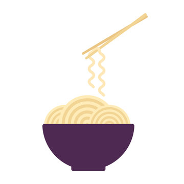 Bowl with ramen noodles. Chopsticks holding noodle. Korean, Japanese, Chinese food. Vector