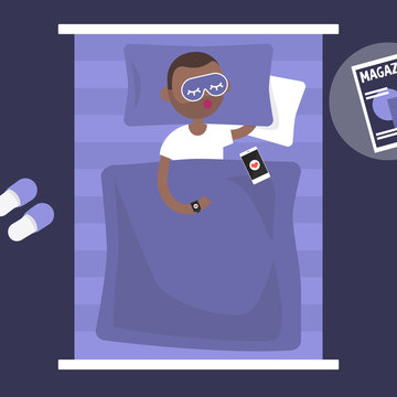 Sleeping tracker. Young black character wearing a wearable gadget in bed to control the quality of sleep. Flat editable vector illustration, clip art