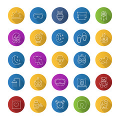 Sleeping accessories flat linear long shadow icons set