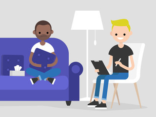 Young character visiting a psychologist doctor. Mental health care. Flat illustration. Patient sitting on a sofa and hugging a pillow. Young friendly doctor listening to a patient and making notes