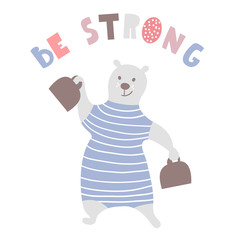 Cartoon bear strongman . Bear circus artist. Greeting background. Vector Illustrtion