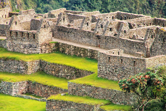 Close view of the ruins at Machu Picchu citadel in Peru.