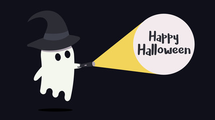 Cute ghost character with a witch hat just found the Happy Halloween message with his flashlight. Vector illustration