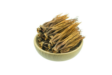 bowl of dried red cotton flowers isolated on white
