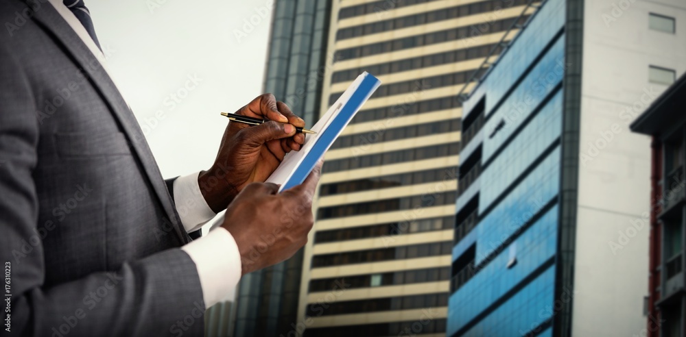 Poster composite image of hands of man signing document