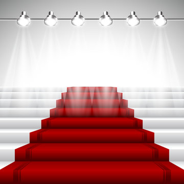 Illuminated Red Carpet under Spotlights over White Stairway with Perspective View