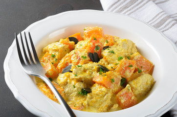 Baked pumpkin with chicken and cream sauce in a white plate on a dark stone background, closeup