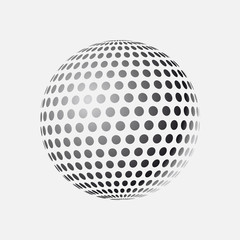 Abstract globe dotted sphere, 3d halftone effect vector background. Black and white vector illustration.