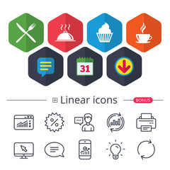 Food icons. Muffin cupcake symbol. Fork, knife.