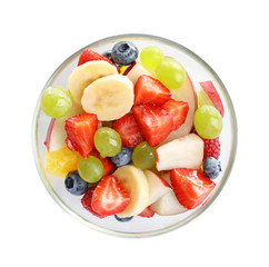 Bowl with yummy fruit salad, isolated on white