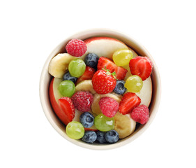Bowl with yummy fruit salad, isolated on white