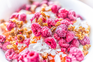 Macro closeup of bright pink raspberries in bowl with chopped figs and fruit as breakfast healthy vegan salad with coconut flakes