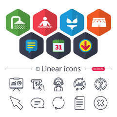 Swimming pool icons. Shower and swimwear signs.