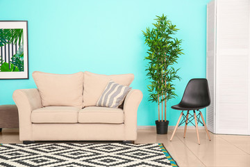 Modern living room design with comfortable sofa