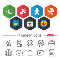 Moon and stars. Baby infant icon. Buggy, dummy.