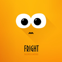 Happy Halloween greeting card with big eyes and fright emotion on orange background. Flat design. Vector.