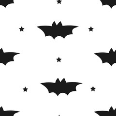 Fototapeta premium Happy Halloween pattern with cute bats and stars. Flat design. Vector background for textile and wrapping.