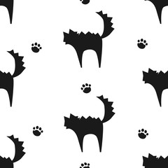 Happy Halloween pattern with cartoon cats and paw traces. Vector background for textile and wrapping.