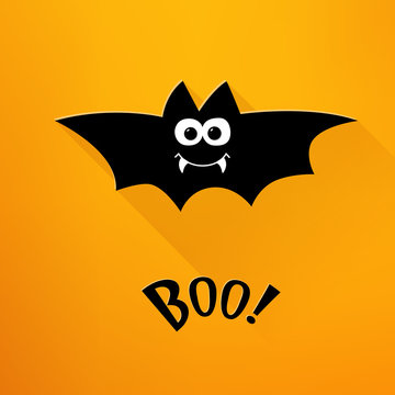 Happy Halloween card with cartoon bat and text on orange background. Flat design. Vector.