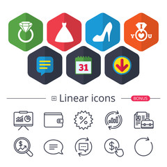 Wedding dress icon. Women's shoe symbol.