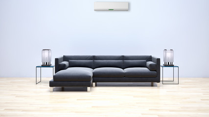 Modern bright living room with air conditioning, white wall. 3D rendering