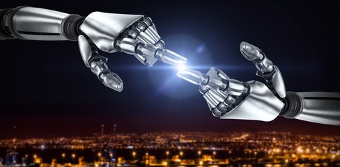 Composite image of silver robot arm pointing at something 3d