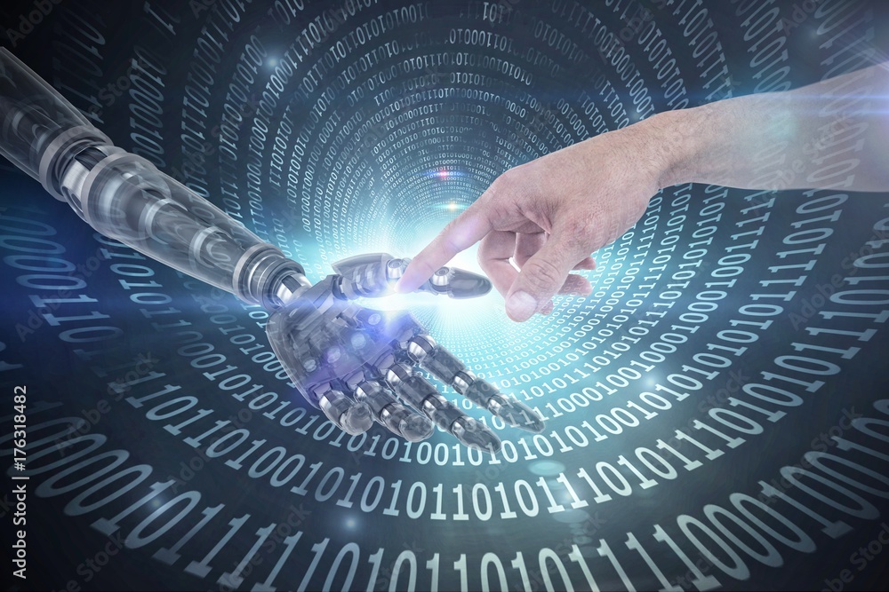 Poster composite image of hand of man pretending to touch an invisible