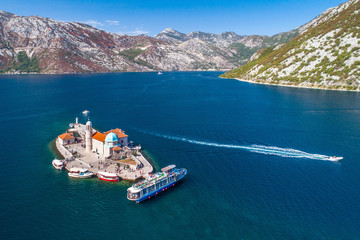 bird's eye view of Our Lady of the Rock in Kotor Bay