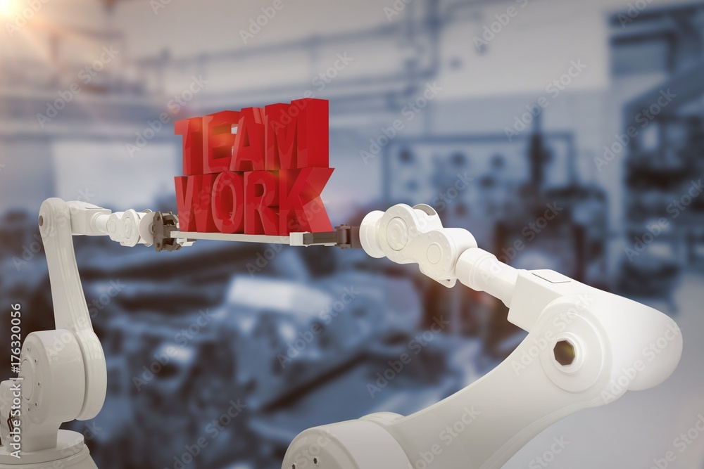 Poster composite image of robotic hand holding red team work text over