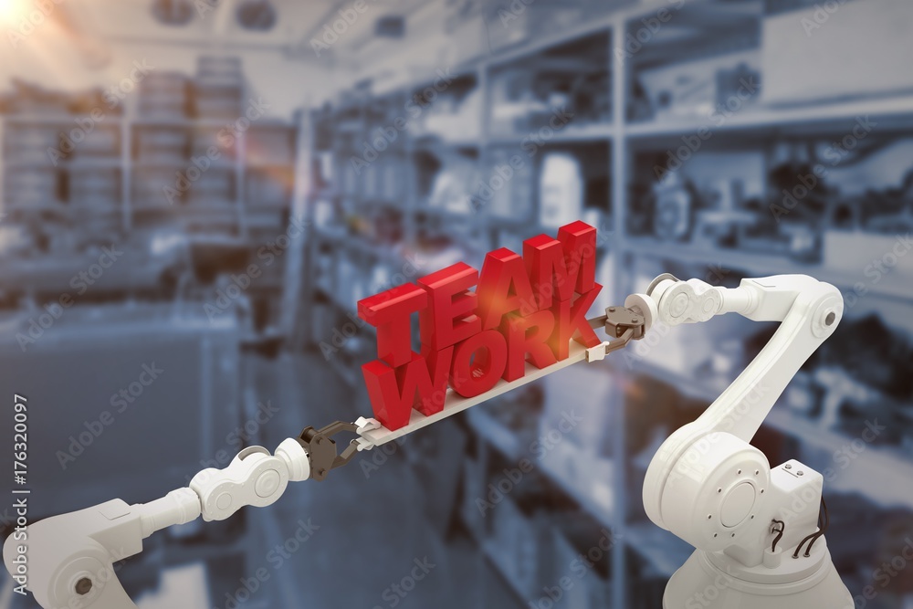 Poster composite image of robotic hand holding team work message