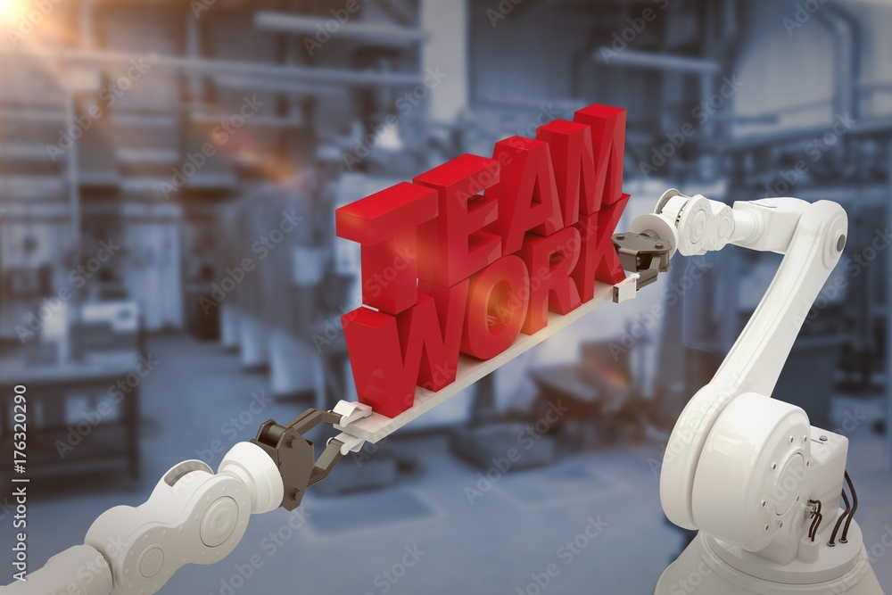 Poster composite image of robotic hand holding red team work text