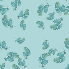 seanless pattern with turquoise watercolor feathers background