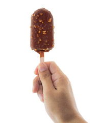 Ice Cream holded by hand on a white background