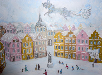 Painting with a pencil. The city, winter and people are walking